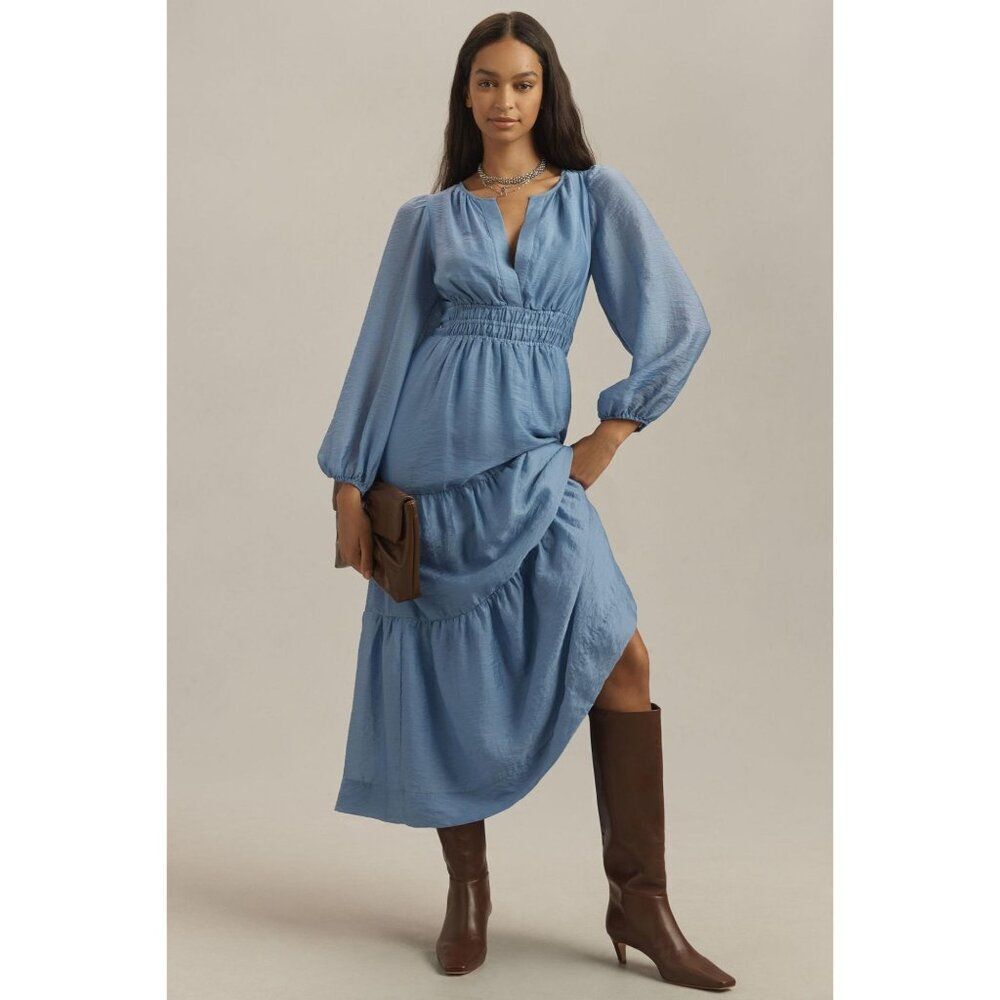 NEW Anthropologie The Somerset Maxi Dress Long-Sleeve Organza Edition Blue